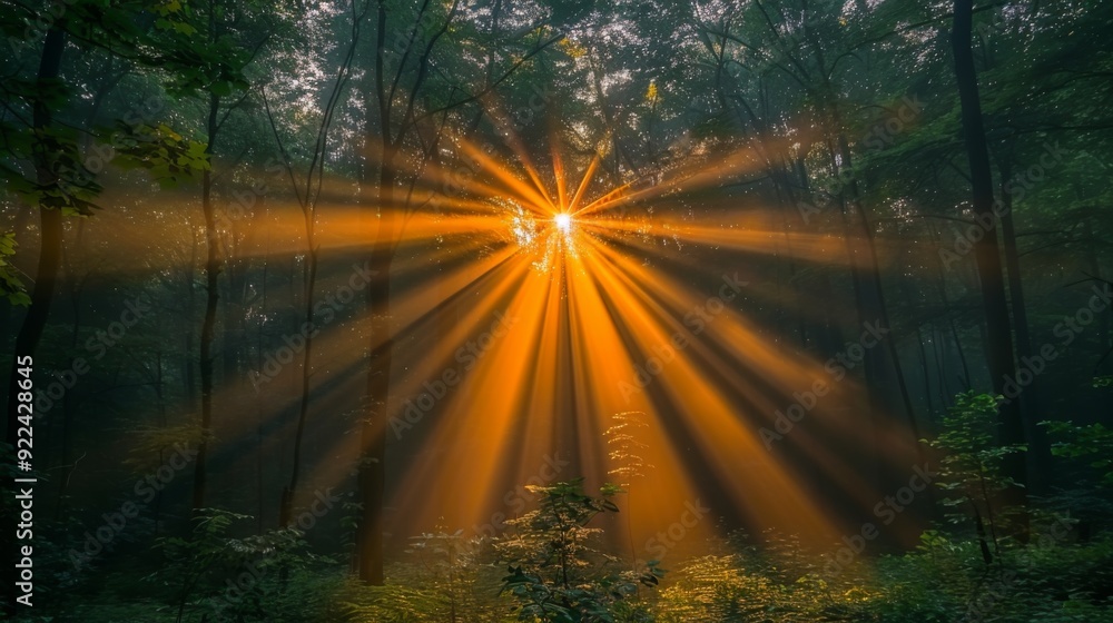 Aufkleber create a magical easter background with a mystical forest glade illuminated by beams of golden sunli