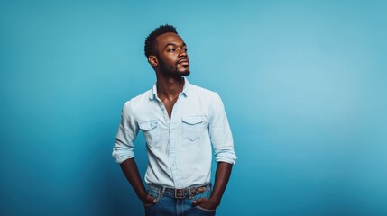 Obraz premium A stylish man in a light shirt stands confidently against a vibrant blue wall, with hands in pockets, exuding cool charm. Copy space for your custom text.