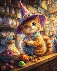 A charming cat in a wizard hat delights in colorful candies within a whimsical shop filled with magical treats.