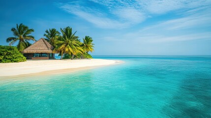 Fototapeta premium A pristine tropical island with a small thatched hut, surrounded by turquoise waters and lush palm trees under a clear blue sky.