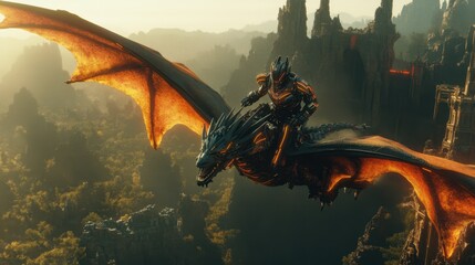 Majestic Dragon Rider Soaring Over Mystical Ruins at Sunset