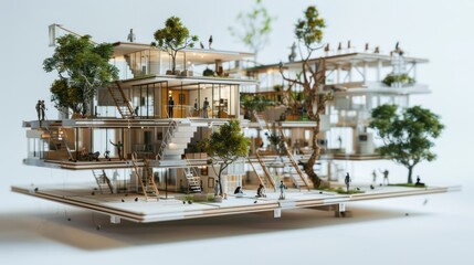 Fototapeta premium 3D miniature model of a university campus with three floors, featuring a complex structure with visible interiors, connected by ladders, and Avatar Star Shoe as the principal, set against
