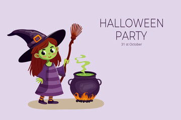 Halloween invitation card with cute girl in witch costume and witch's cauldron with boiling brew.  Holiday characters vector. Isolated