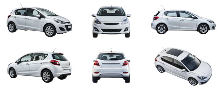 PNG Collection of white hatchbacks. Different angles and perspectives of white cars