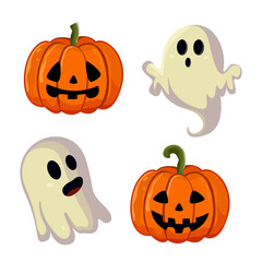Pumpkins and ghosts on white background. Classic Halloween pumpkin and flying ghosts. Characters for design for Halloween holiday. Vector illustration, isolated