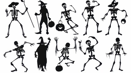 Obraz premium Black silhouette illustrations of spooky Halloween ฺSkeleton in various activities, with bold lines 