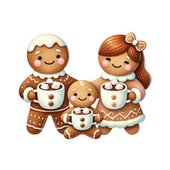 Cute gingerbread family holding mugs of hot chocolate, dressed in festive attire, perfect for Christmas.