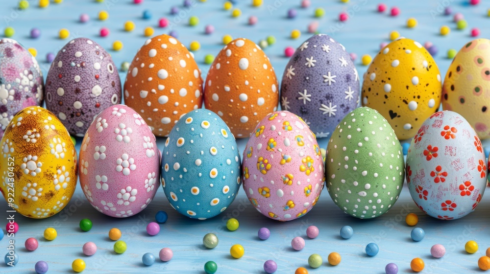 Poster create an abstract composition inspired by easter egg hunts, using playful patterns and hidden surpr