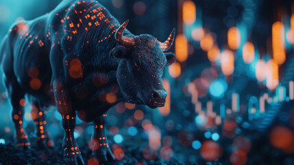 Concept of bullish market. Close up of businessman hands using notebook keyboard with glowing bull hologram over forex chart on blurry background. Trade and invest concept. Double exposure