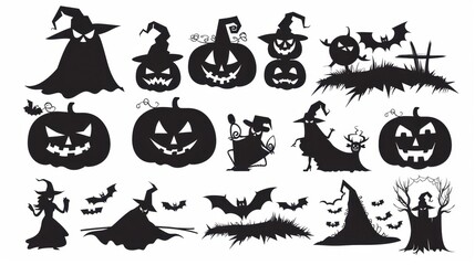 Design black silhouette illustrations of spooky Halloween ฺPumpkins in various activities, with bold lines 