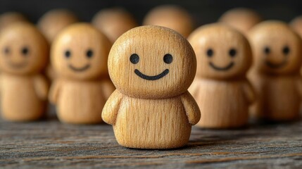 Wooden figures arranged with one smiling figure in focus, representing uniqueness and positivity amid uniformity.