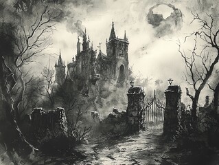 A haunting black and white illustration of a gloomy castle shrouded in mist and surrounded by twisted trees. Perfect for dark fantasy.