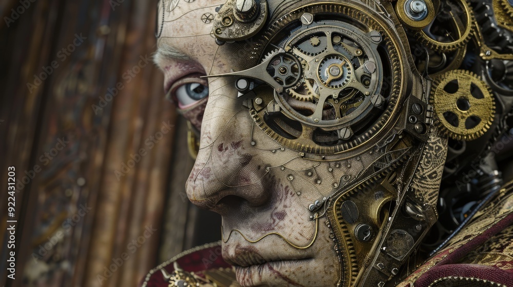 Poster the robotic face showcases elaborate steampunk elements with gears, mechanical components, and a tex