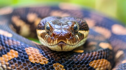 Obraz premium A portrait of a person enveloped in a vibrant, patterned red scarf, revealing striking eyes and a gentle smile, evoking cultural richness and beauty.
