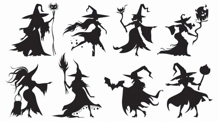 Design black silhouette illustrations of spooky Halloween Witch in various activities, with bold lines 
