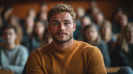 Fototapeta premium A man in a mustard sweater sits amidst a group, looking confidently ahead in a focused setting, with a soft background blur.