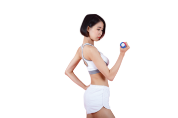 Attractive young fitness woman holding dumbbell in biceps curl position on transparent  background. Studio shot.
