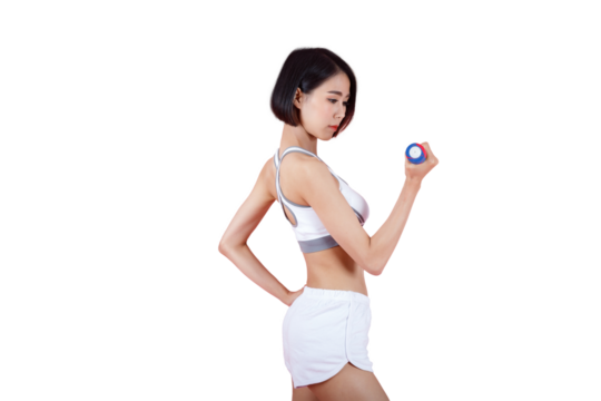 Attractive young fitness woman holding dumbbell in biceps curl position on transparent  background. Studio shot.