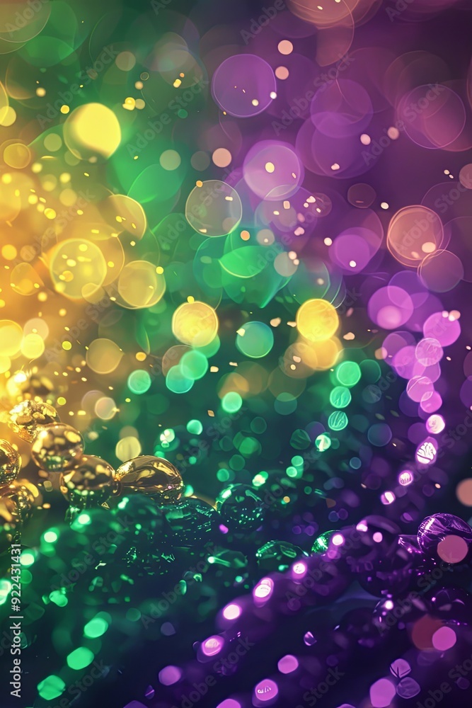 Poster abstract blurred background with colorful bokeh lights and shiny beads.