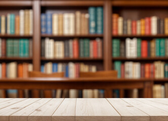 white The empty wooden table top with blur background of bookcase. Exuberant image