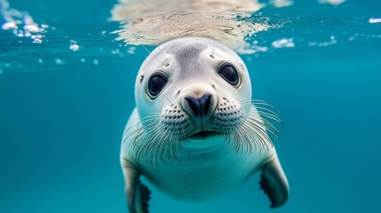 Fototapeta premium Cute seal pup looking into camera while floating on clear blue ocean surface. Photographed off Montague Island on the South Coast of NSW, Australia