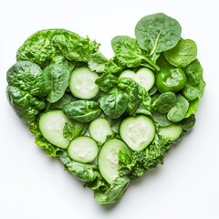 Obraz premium Close up of Heart shape green vegetables, Green healthy vegetables in the shape of a heart on an isolated white background