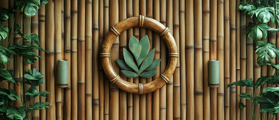Bamboo wall with a logo frame in the center