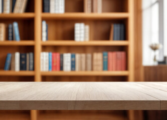 white The empty wooden table top with blur background of bookcase. Exuberant image
