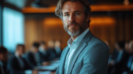 Fototapeta premium A man in a tailored suit stands confidently in a softly lit boardroom, suggesting authority and poise amidst a professional setting.