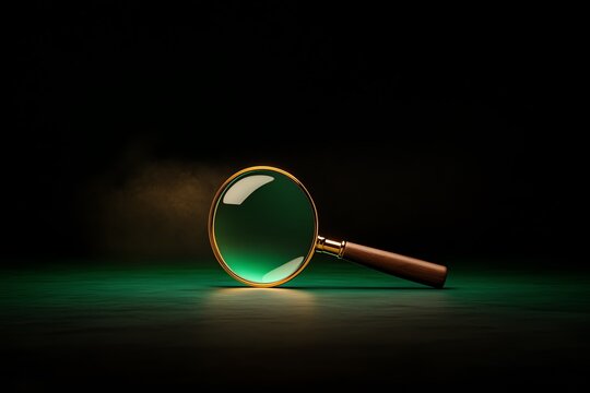 A D magnifying glass focusing light beams on search results floating in a virtual space, symbolizing precision in search