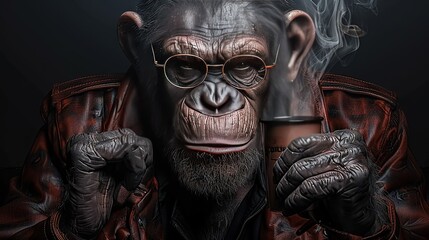   A man in a leather jacket holding a cup of coffee with a monkey face on it and smoking a cigarette