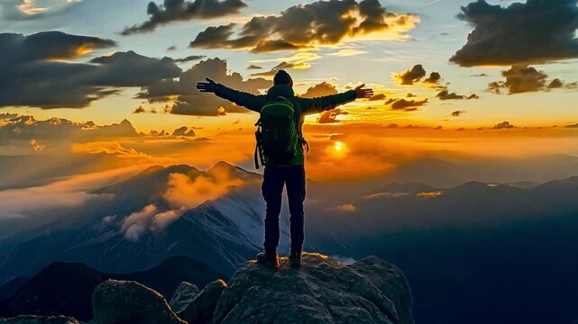 On the mountain, a man thanks God.