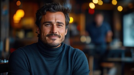 Obraz premium A man in a cozy cafe, warmly lit with fairy lights, exudes ease and comfort as he enjoys a quiet moment in a turtleneck sweater.