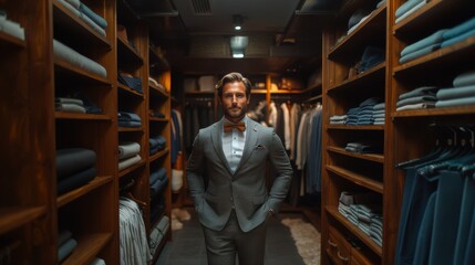Fototapeta premium Elegantly poised in a dapper gray suit, a man stands confidently amidst perfectly arranged shelves of suits and jackets, ready for a stylish occasion.