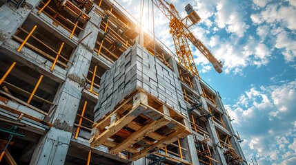 Depict a crane lifting heavy steel beams into place while forklifts transport pallets of bricks across the construction site.
