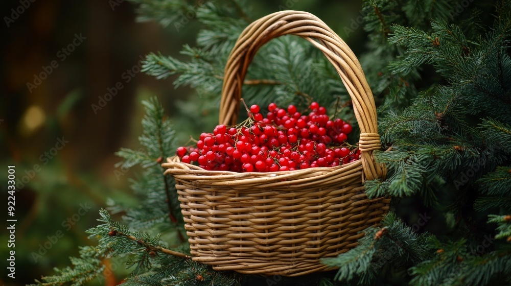Poster wicker basket overflowing with red currants hanging on pine tree branch