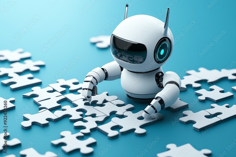 Aufkleber a d search engine robot piecing together a digital puzzle, symbolizing the assembly of search result
