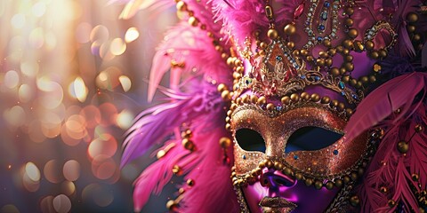 A purple and gold masquerade mask with feathers and jewels against a bokeh background.