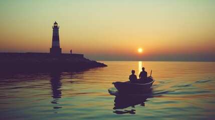 Fototapeta premium A serene sunset at sea with a lighthouse in the distance as two people in a boat glide on the calm waters, reflecting the warm colors of the setting sun.