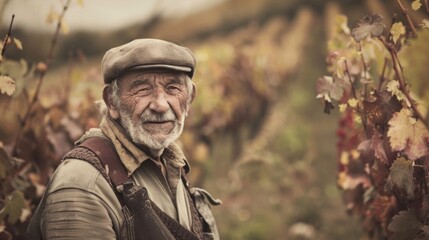 Obraz premium Elderly man in cap and vest smiles in vineyard with colorful autumn leaves, creating a serene scene.