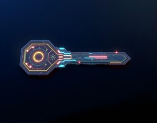 a 3D-rendered cyber key with sharp edges and glowing elements, set against a gradient background that transitions from dark blue to black create with ai