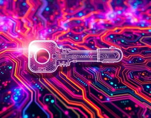 a stylized cyber key with a transparent effect, layered over a vibrant digital landscape filled with swirling data streams create with ai