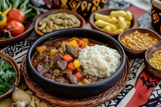traditional Swazi meal prepared for Somhlolo Day, showcasing dishes like beef stew, maize porridge, and vegetables, presented on a beautifully set table with cultural elements