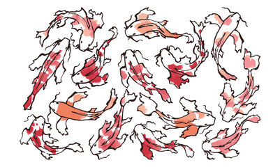 Koi carp vector Set. Collection of silhouettes of Chinese fish with red spots, fins and whiskers on white background. Great diversity of colors and forms of fish. For creating your design