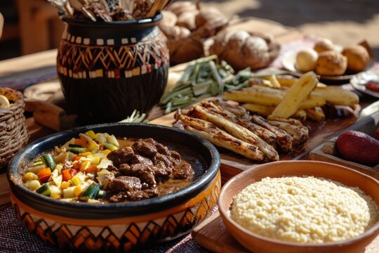 traditional Swazi meal prepared for Somhlolo Day, showcasing dishes like beef stew, maize porridge, and vegetables, presented on a beautifully set table with cultural elements - Powered by Adobe