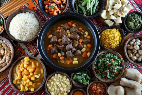 traditional Swazi meal prepared for Somhlolo Day, showcasing dishes like beef stew, maize porridge, and vegetables, presented on a beautifully set table with cultural elements