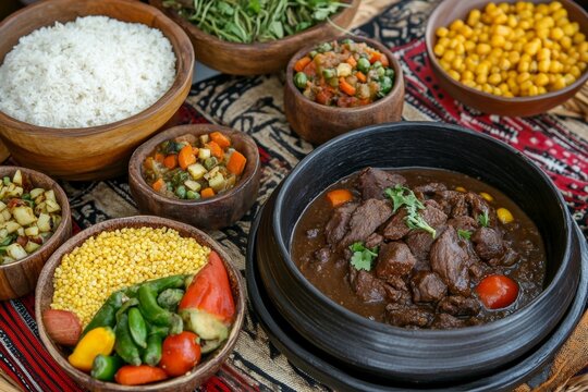 traditional Swazi meal prepared for Somhlolo Day, showcasing dishes like beef stew, maize porridge, and vegetables, presented on a beautifully set table with cultural elements