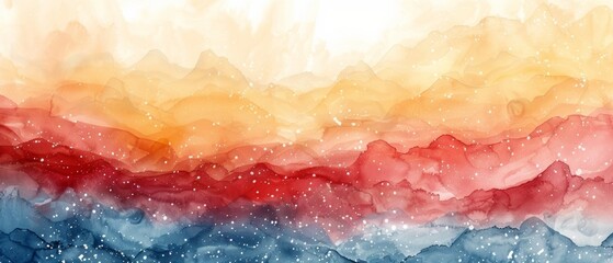 Panoramic snowy landscape illustration with red and blue mountains, light blue sky, falling snow, and gradient colors from yellow to deep blue.