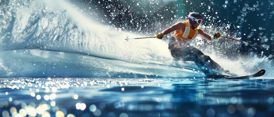 Fototapeta premium Skier in orange attire races down snowy slope at dusk, creating dynamic and exhilarating scene with dramatic lighting effects and fast-paced action.