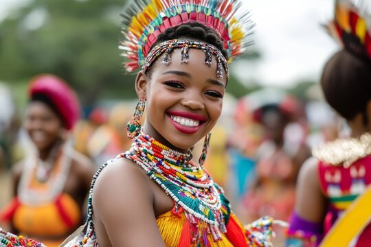 vibrant Somhlolo Day celebration, woman in traditional Swazi attire, cultural dance, and festive decorations, with a focus on the joyful atmosphere and community spirit